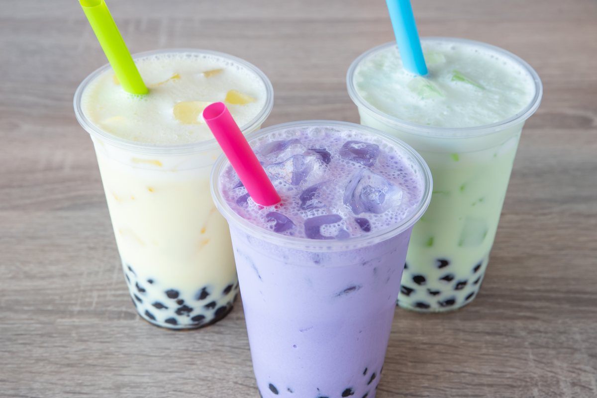 Honeydew, taro and green tea matcha bubble tea with tapioca pearls at Poke Factory & Ramen Bar, Alpharetta