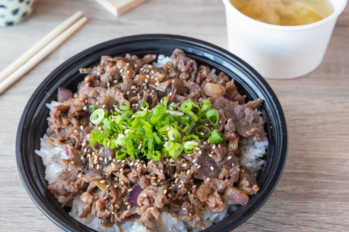 Beef Bulgogi Korean BBQ Rice Bowl at Poke Factory Alpharetta: marinated beef over rice with scallions and sesame, served with miso soup