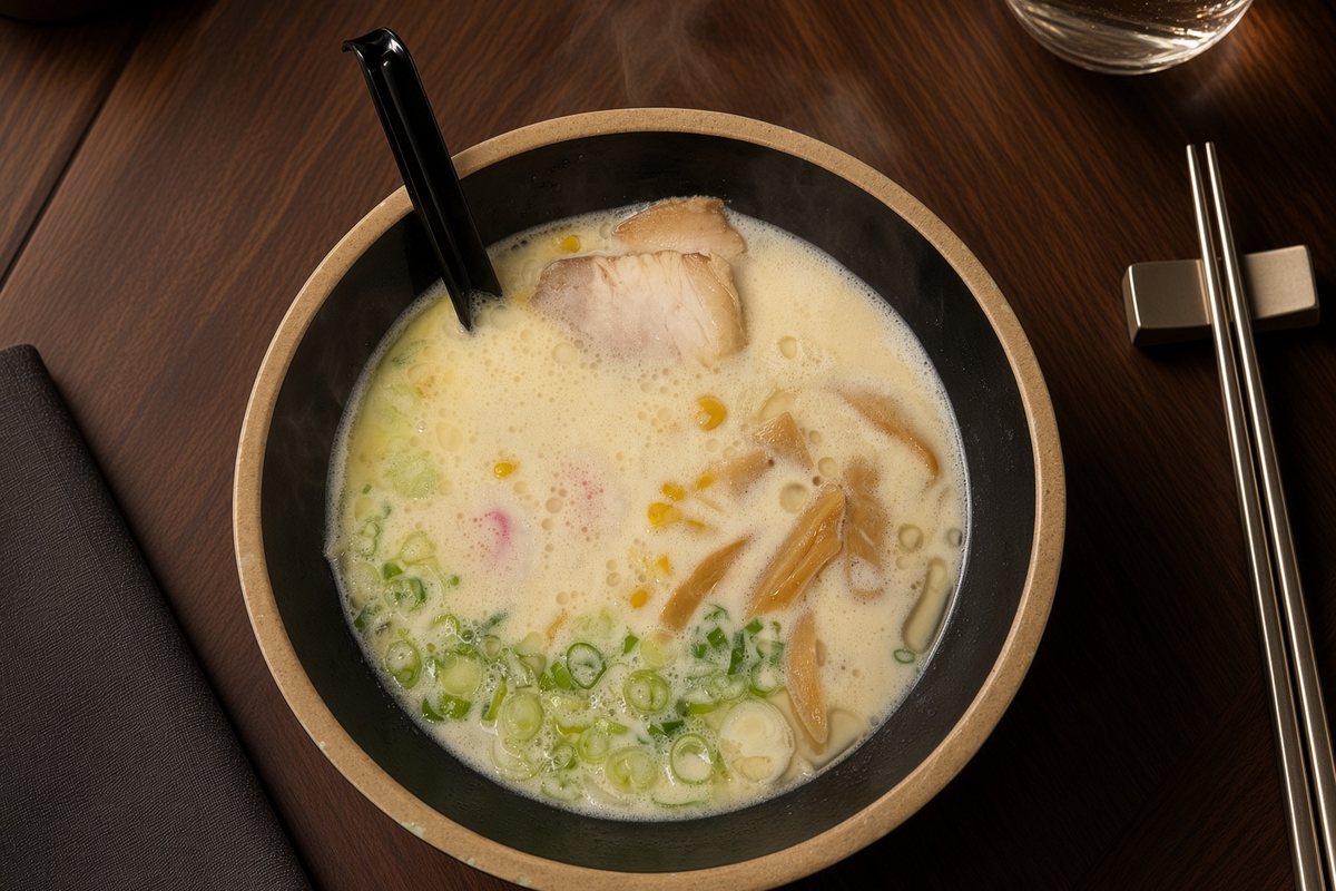 Tonkotsu ramen at Poke Factory & Ramen Bar in Alpharetta: creamy pork-bone broth with chashu pork belly, corn, scallions and bamboo shoots