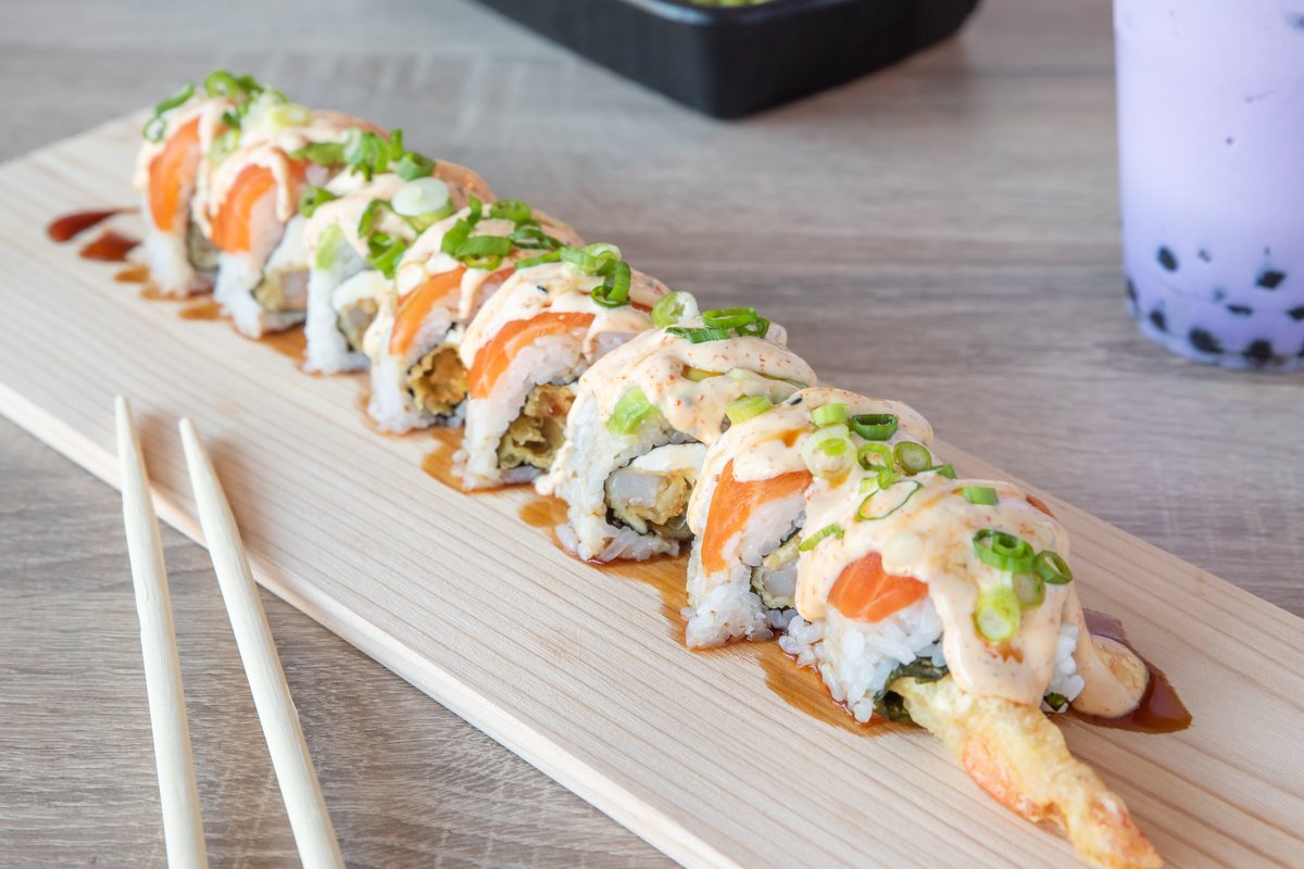 PF Special Roll at Poke Factory & Ramen Bar: shrimp tempura and eel roll topped with salmon, avocado and scallion